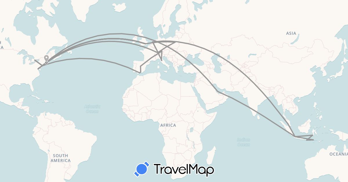 TravelMap itinerary: driving, plane in Canada, Switzerland, Germany, Spain, United Kingdom, Indonesia, Italy, Malaysia, Netherlands, Poland, Qatar, United States (Asia, Europe, North America)